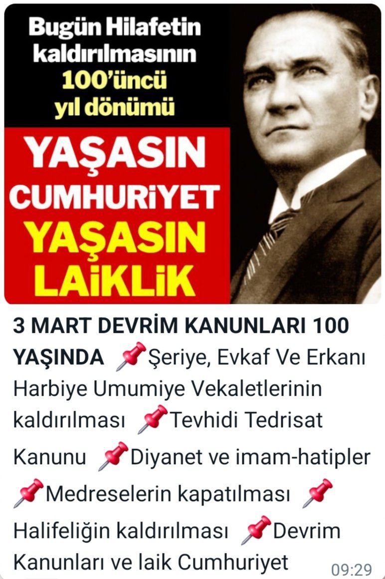 3Mart Devrim Kanunları 100Yasında..
Yaşasın Laik Türk Cumhuriyeti 🇹🇷
👇🇹🇷👇🇹🇷👇🇹🇷👇🇹🇷