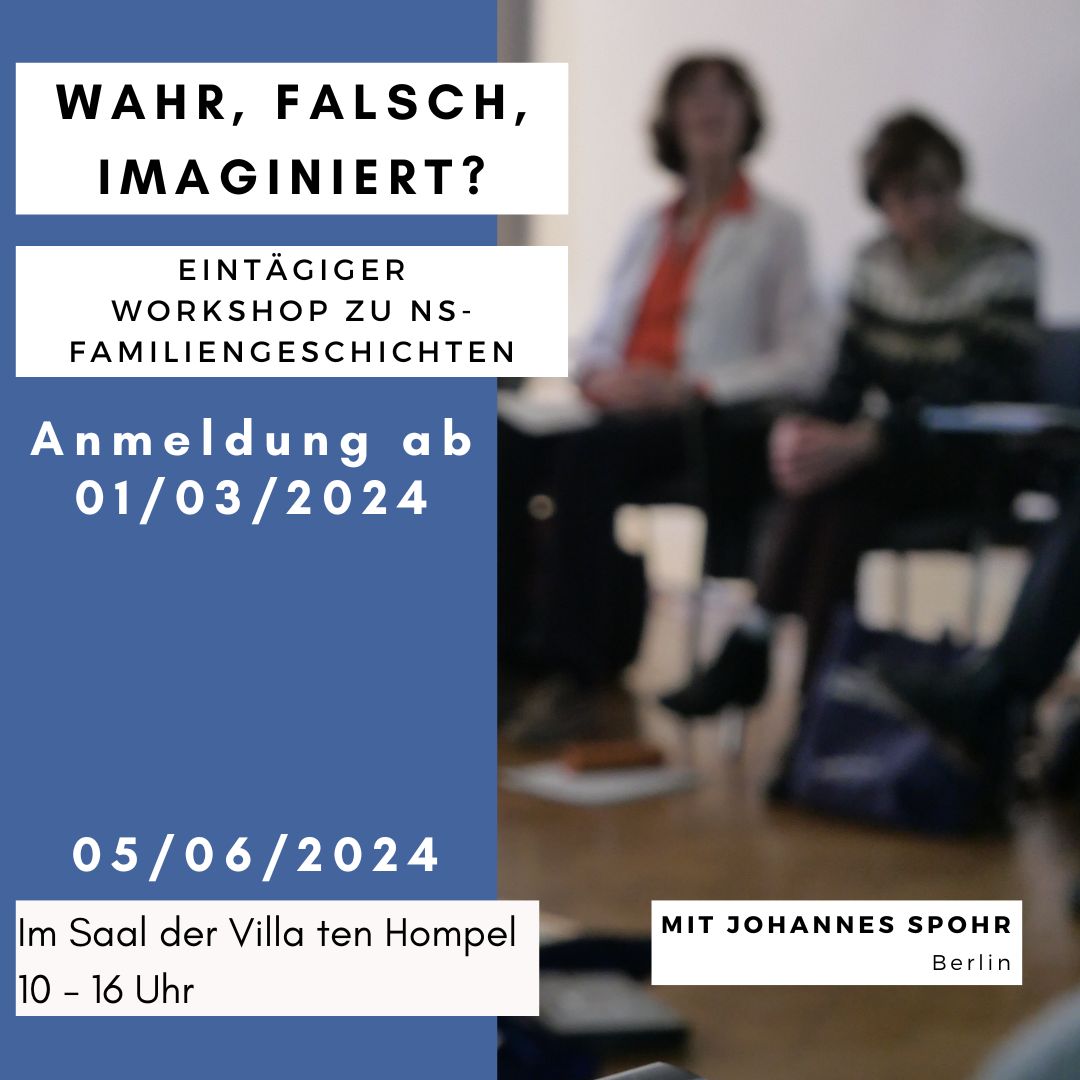 Familienerzählungen zur NS-Zeit können sich mit der Zeit bewusst und unbewusst verändern. Sie werden im eintägigen Workshop "Wahr, falsch, imaginiert?" mit Dr. Spohr (<a href="/prepositionde/">Johannes Spohr</a>) erkundet. Anmeldung ab 1.3. über tenhomp@stadt-muenster.de . Infos unter stadt-muenster.de/villa-ten-homp…