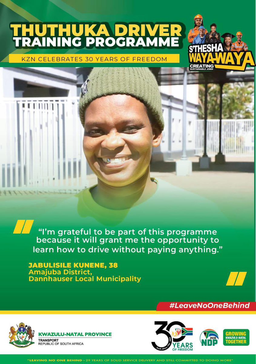 “Mahhala hha!”

Jabulisile Kunene from Dannhauser Local Municipality under Amajuba District is also grateful for this amazing Thuthuka Driver Training Programme as it will grant her the opportunity to learn how to drive mahhala hha!

#stheshawayawaya
#LeaveNoOneBehind