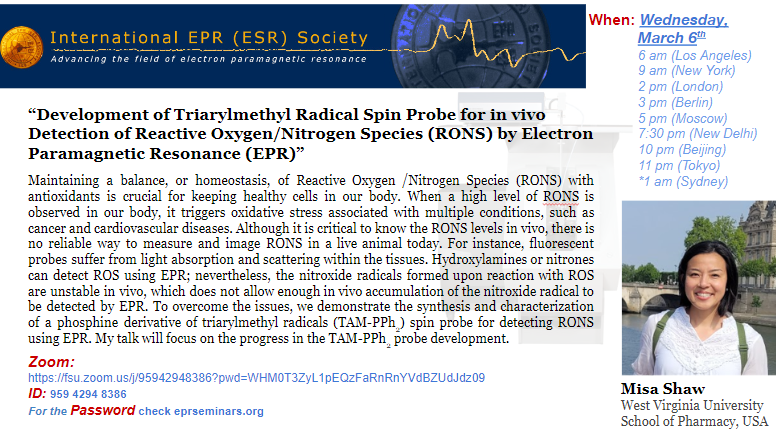 Join our next #IVEM webinar on Mar 6 given by Misa Shaw from WVU School of Pharmacy, discussing a new #EPR spin probe for in vivo RONS detection! 📅 Mar 6 | 6AM PT | 9AM ET | 3PM Paris | 7:30PM Delhi| 10:00PM Beijing. @EPR_ESR @european_epr @RSC_ESR @nmr900