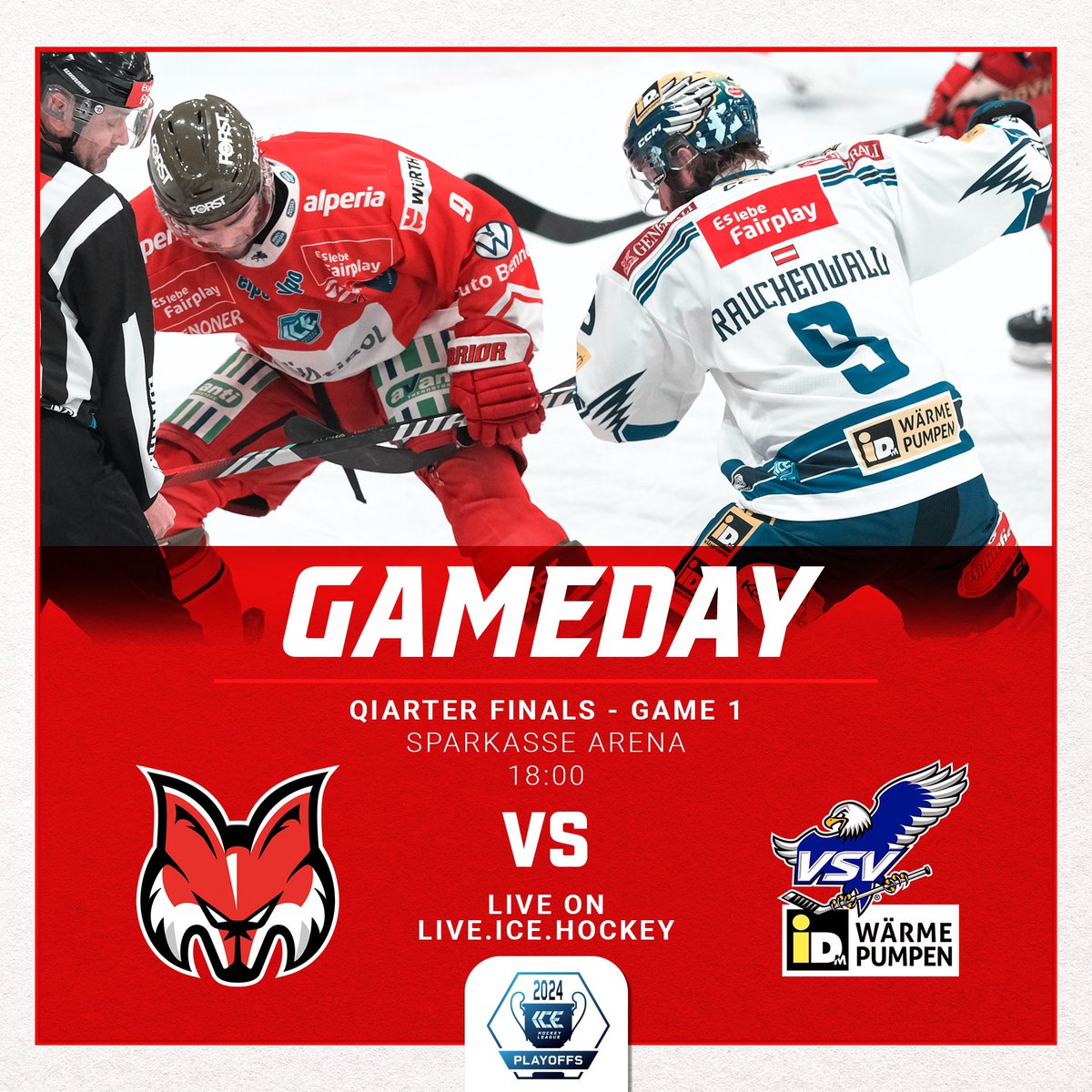 ⚪️🔴 𝗚 𝗔 𝗠 𝗘 𝗗 𝗔 𝗬 ⚪️🔴 🏆 Playoffs QF - Game 1 📍 Sparkasse Arena ⏰ 18:00 🆚 @@ecvsv 🎫 Online tickets: bit.ly/TicketsHCB 💻 PPV-Livestream on live.ice.hockey #gofoxes #cuorebiancorosso #noisiamobolzano #mirseinbozen