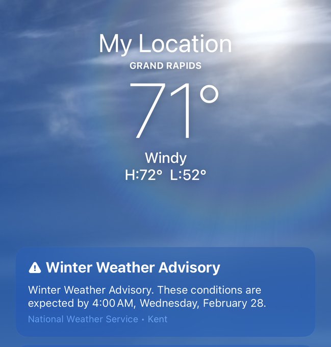 It is currently 71 degrees, but we're under a Winter Weather Advisory. 

I give up.