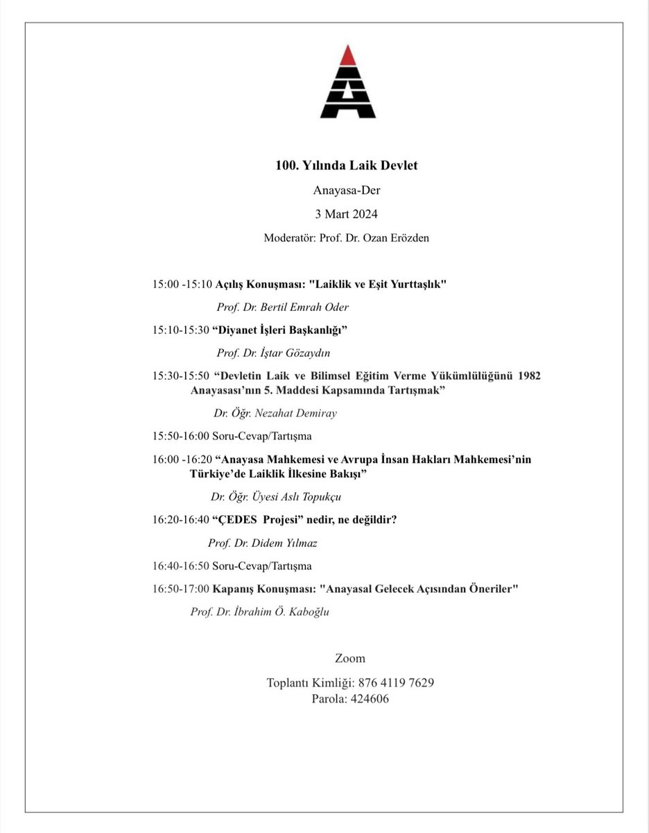 Devrim Yasaları 100 yaşında. <a href="/AnayasaDer/">Anayasa Hukuku Araştırmaları Derneği</a> toplantısında 100. yılında laik devleti tartışıyoruz.