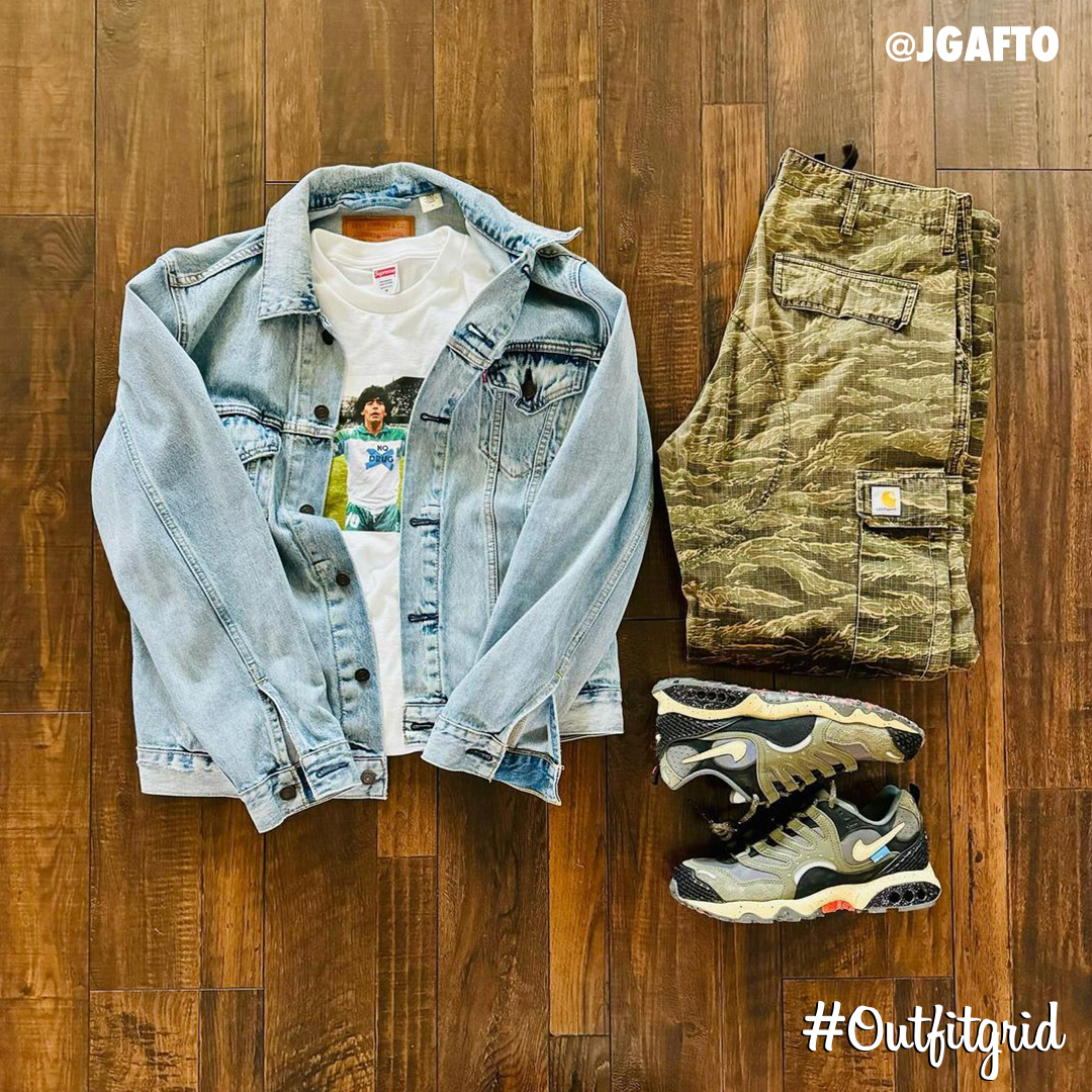 outfitgrid's tweet photo. Today's top #outfitgrid is by @jgafto.
▫️ #Supreme x #Maradona #Tee
▫️ #Undefeated x #Nike #Humara
▫️ #Levis #DenimJacket
▫️ #CarharttWIP #Camo #CargoPants https://t.co/ryRdbr0MgG
