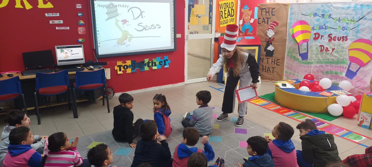 Guess who made a surprise visit to our library? 
The Cat in the Hat himself! 
Our grade 1 learners were thrilled as they encountered the cat and settled down to listen to a captivating story. 
Here’s to the magic of #DrSeuss and the joy of learning!
<a href="/makdawhaschool/">Makassed Dawha School</a> <a href="/HanaJoumaa/">Hana Joumaa</a>