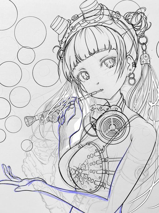 今日はここまで。。。

身体、髪、衣装、小物でレイヤーを分けて線画を描いてます。

全部重ねるとこんな感じ。 