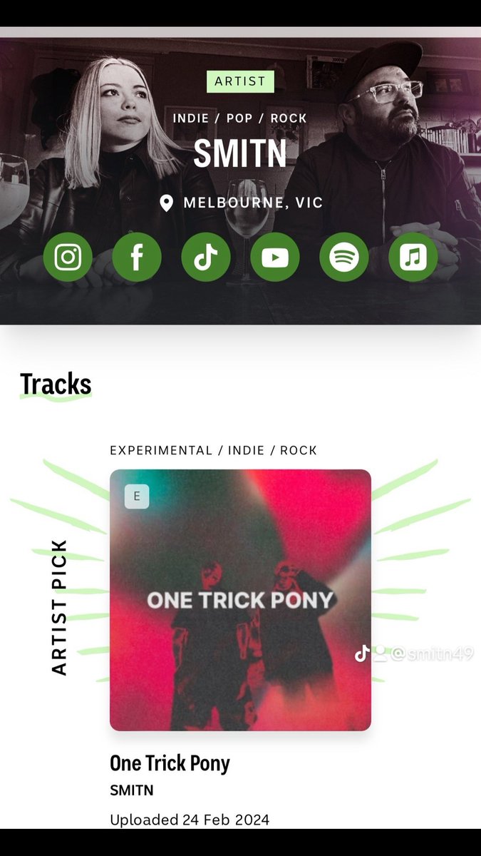 sundayrodmunch's tweet photo. Give us a review on @triple_j_unearthed ❤️#smitn #smitnband #onetrickpony #newaussiemusic #newsingle #newrelease #postpunk #powerpop #goth #rock #pop #punk #australianmusic https://t.co/o3gNODe8MI
