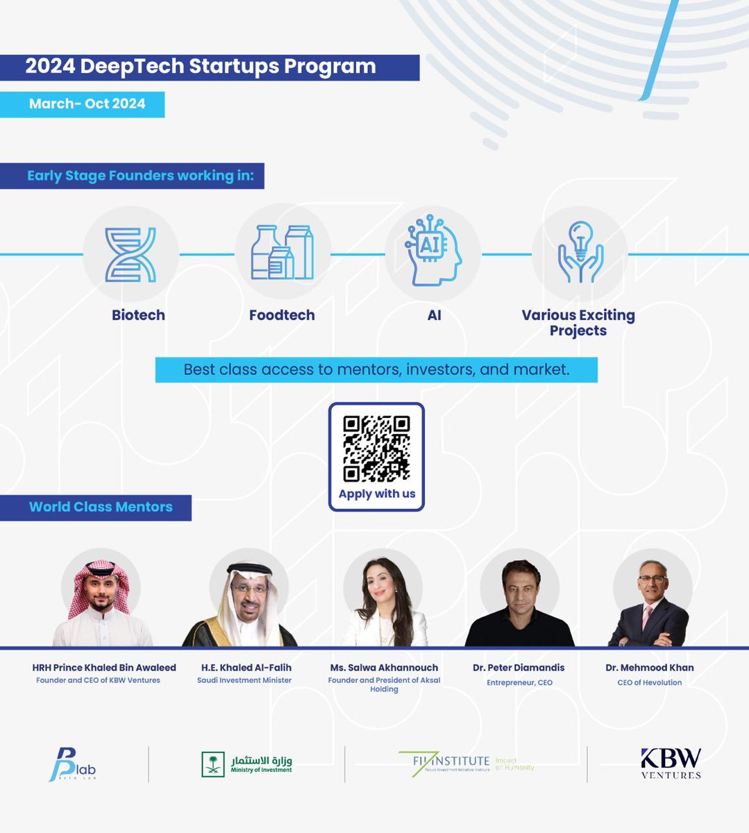 🚀 We are Excited to launch the 2024 DeepTech Startups Program with the @MISA , @FIIKSA , & @KBW_Ventures ! Aiming to fuel innovation in #AI #BioTech, & #FoodTech. Offering investment, mentorship & market access to shape the future of tech. Seeking elite talent & groundbreaking