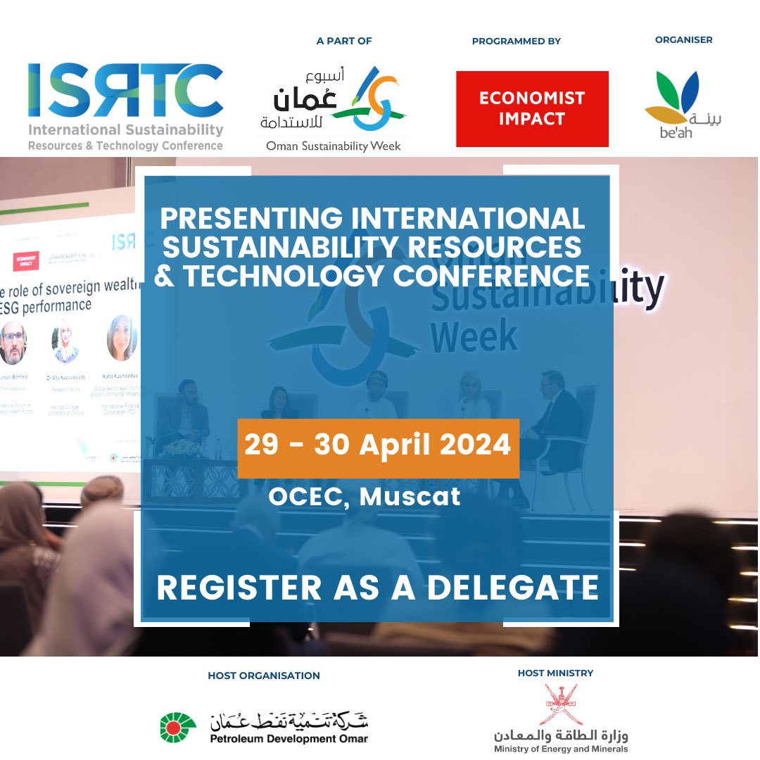Join us for The International Sustainability Resources &amp; Technology Conference.🌱🌟

Register now: omansustainabilityweek.com/DelegateRegist…

For more details and to register please contact Roni Barua at +96892079800 or email at roni.barua@connectthroughus.com