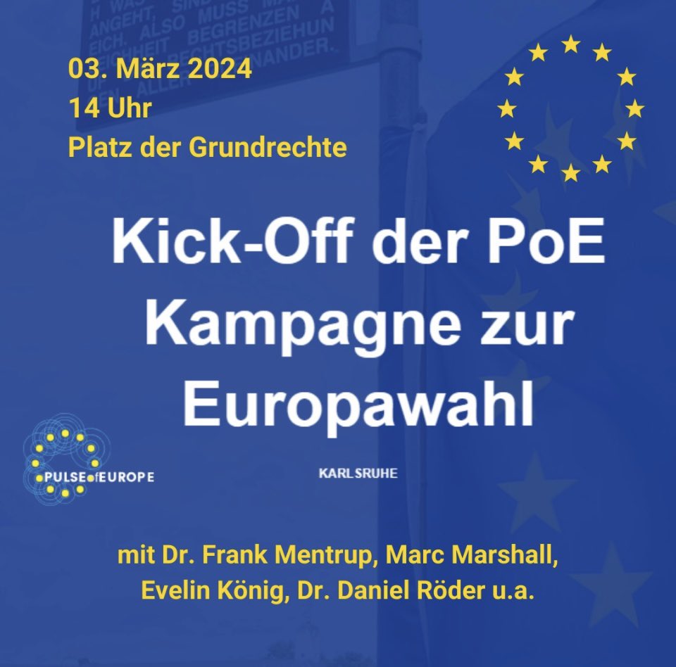 Heute: 

Kickoff der #Europawahl-Kampagne von #PulseofEurope! ✨🇪🇺

#EuropaDemo in Karlsruhe u.a. mit Oberbürgermeister Dr. Frank Mentrup, Marc Marshall, Evelin König und Daniel Röder! 

Kommt zahlreich!

#EUElections #EPElections