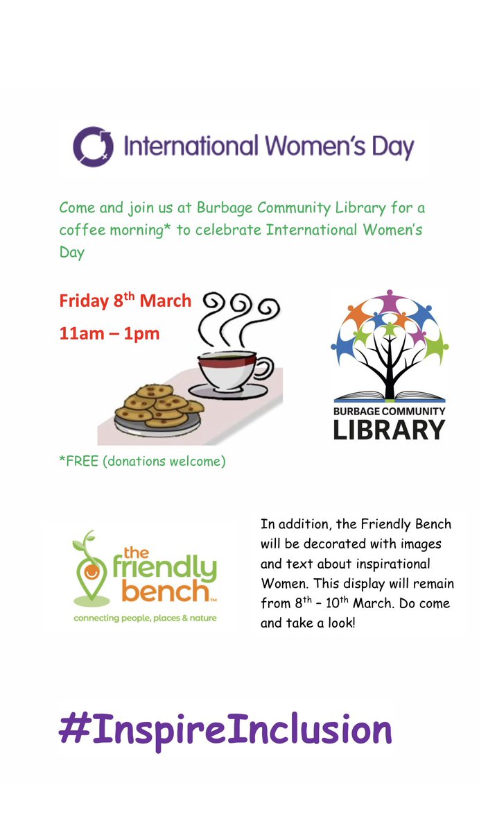 Come and celebrate International Women’s Day at the Library / Friendly Bench. Coffee morning and display. @Friendly_Bench #InternationalWomensDay2024 #Burbage