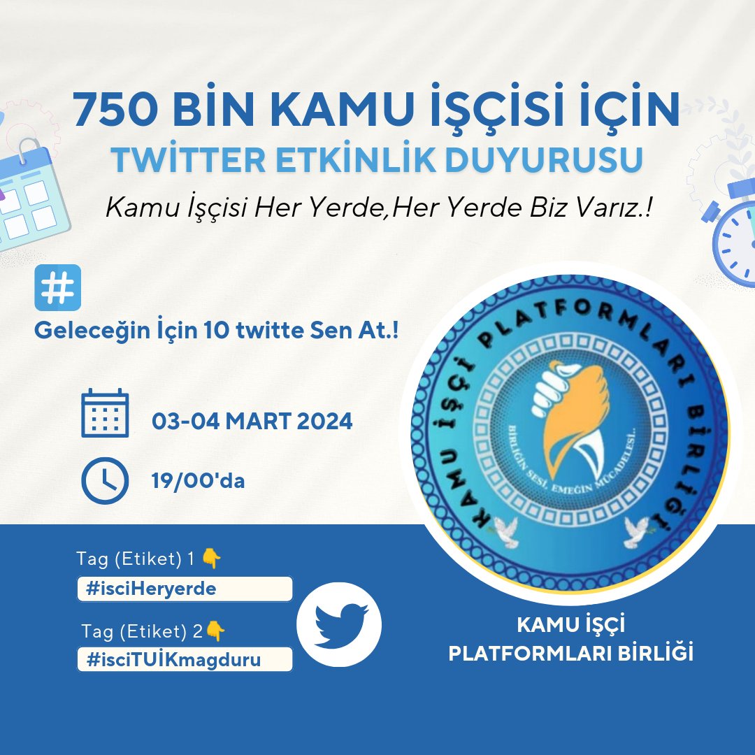ASHBISCI's tweet photo. 🗣️ Kamu İşçi Platformları Birliği

Twitter etkinlik duyurusu ↙️

📅 03 Mart (Bu Akşam)
⏲️ Saat 19.00

TAG[1]↙️
#isciHeryerde

TAG[2]↙️
#isciTUİKmagduru

'Geleceğine sahip çık,
Gelecek kendi elimizde.!'

Kamu İşçisi Her Yerde,
Her Yerde Biz Varız.! https://t.co/IDmZZZWOst