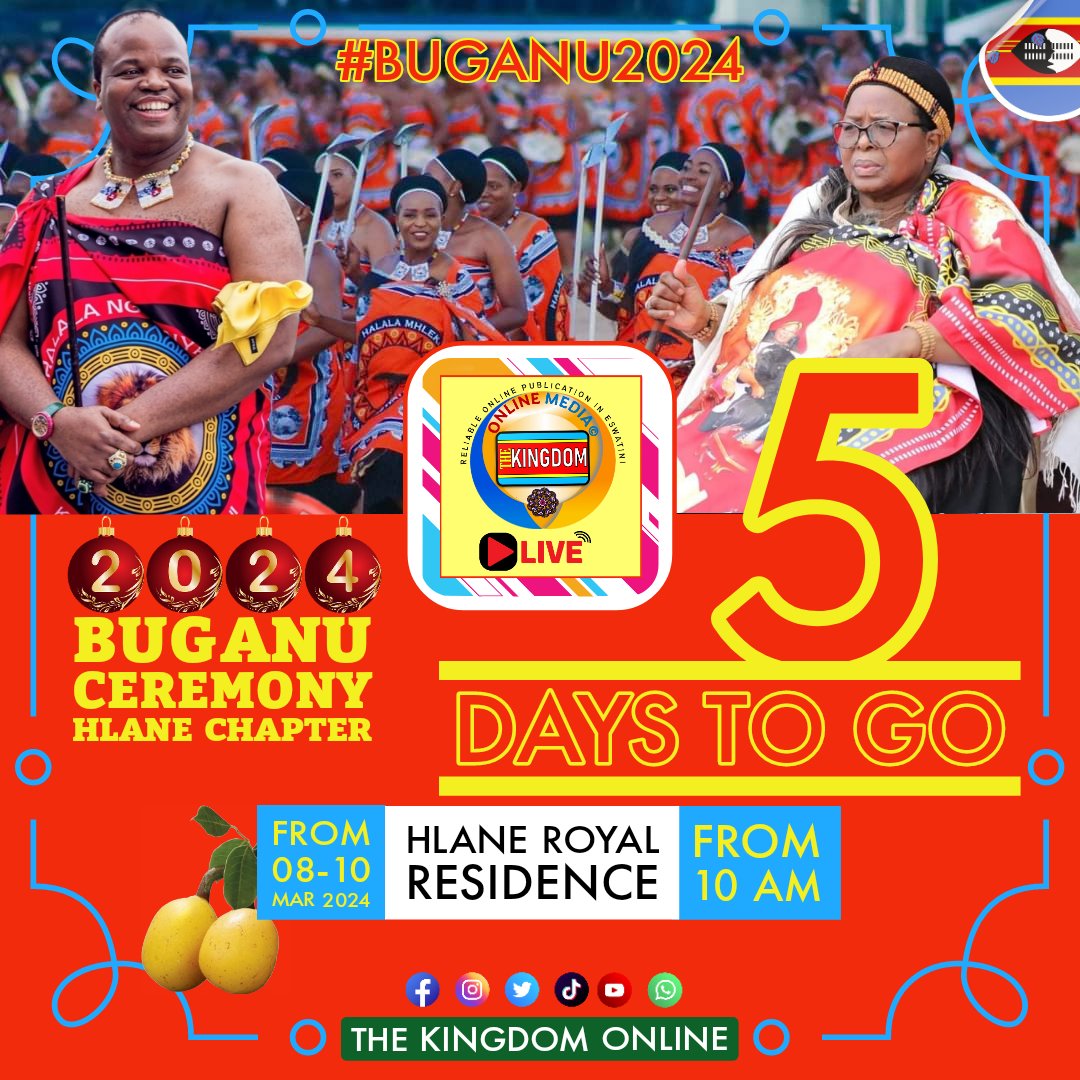 TheKingdom22's tweet photo. π₯πΈπΏπ« BUGANU CEREMONY HLANE CHAPTER: 5 DAYS TO GO...
Buganu Ceremony FinalΓ© is upon us as we are 5 days away from the beginning of the much anticipated day. Thousands of Lutsango from Lubombo Region is expected to make way to Hlane on Friday. Bayethe!
#Buganu2024
#Eswatini https://t.co/yJQQEArAEe