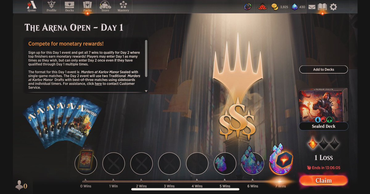 Only needed one bullet to Qualify for Day 2 of the Arena Open! First time playing the set, matched up vs many Dimir piles, luck was on my side. Drafting for 2k later today, pray for me 
🙏 #mtg #magicthegathering #arenaopen #mtgarena #skilldifference