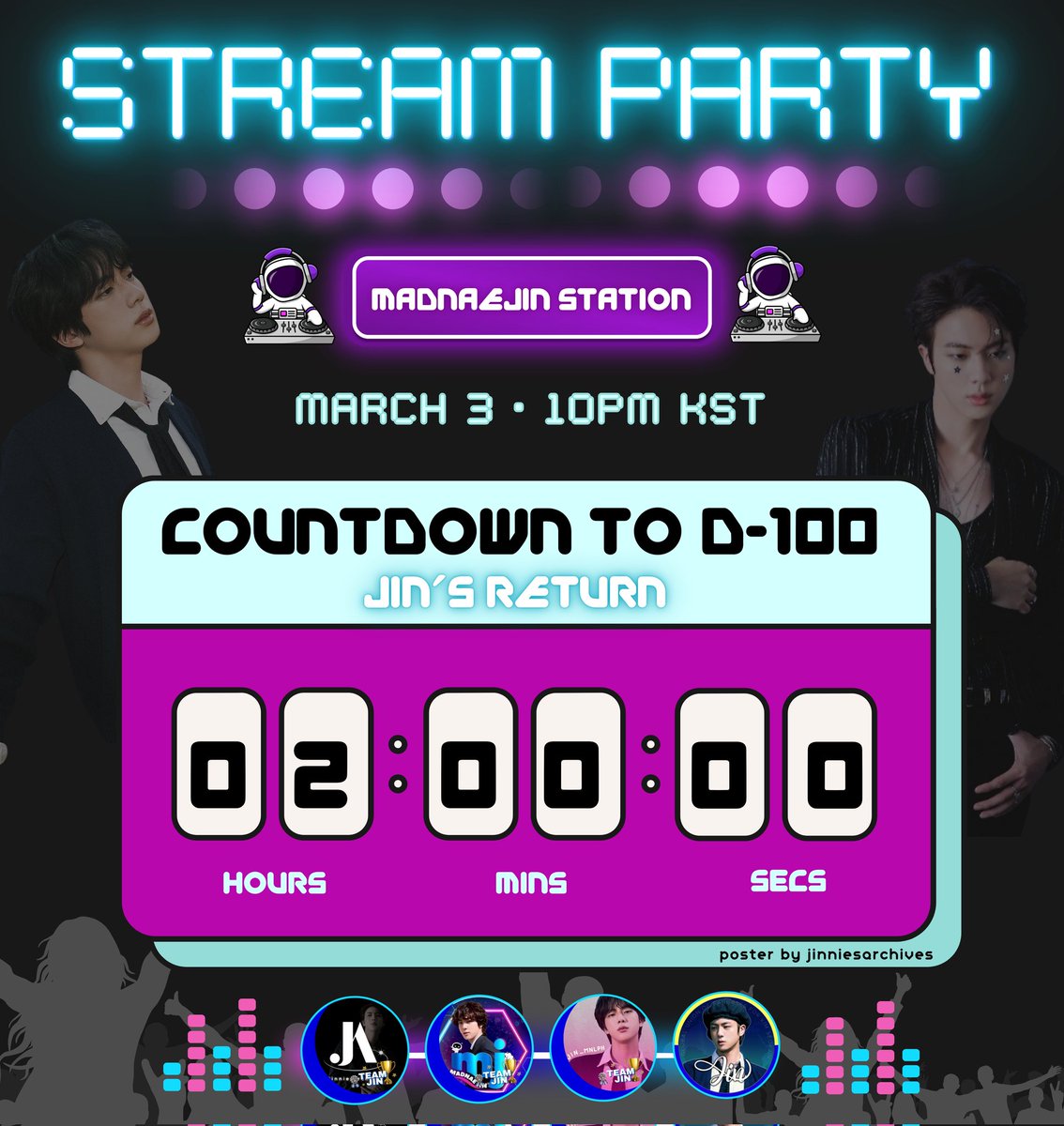 📢 Two hours left to D-100! Join us now in a countdown party in Stationhead 🥳

🎧 stationhead.com/madnaejin

— Trending event starts at 11PM KST
#️⃣ D-100 UNTIL JIN RETURNS
#.100DaysToMeetJin
#.SpringToJinfinity
#.김석진조교님_100일_남았습니다
#.석진이_만나기_100일전