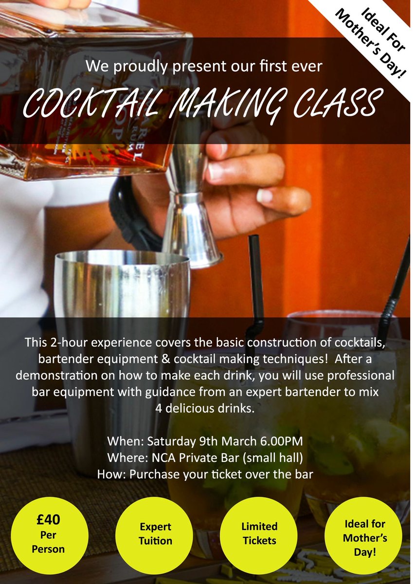 NorkVillageClub's tweet image. Join Us for Our First-Ever Cocktail Making Class! Perfect Mother's Day Present! 

Location: NCA Private Bar (Small Hall)
Saturday, 9th March at 6:00 PM
Price: £40 per person
Limited Tickets Available: Purchase over the bar at Nork Village Social Club

 #cocktailmakingclass