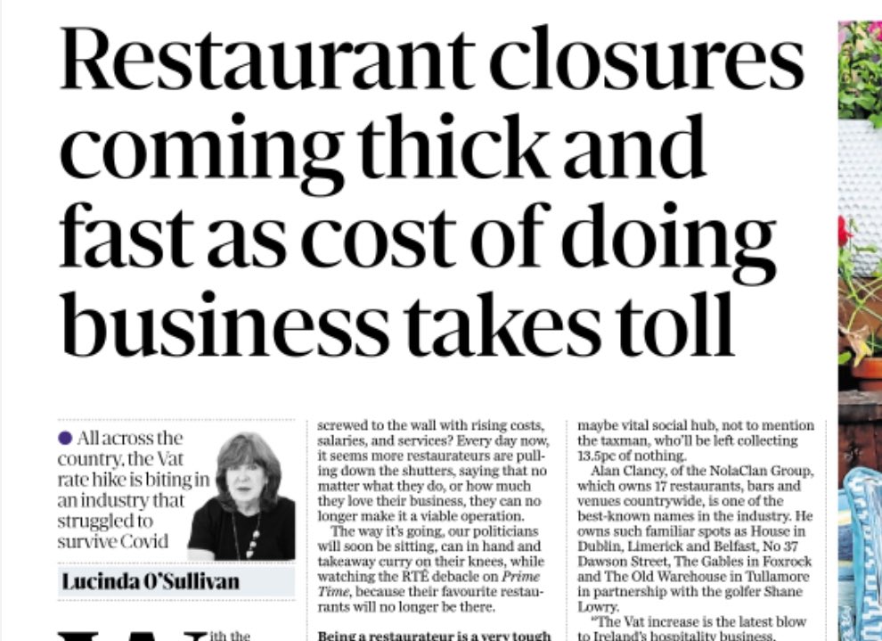 300 restaurants and cafes have closed in Ireland in the past six months. This was warned about but the government refused to listen and the representative associations did not think long term. Longest lockdowns, large reduction in accommodation beds, rising costs all hitting