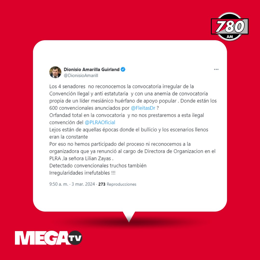 780AM's tweet image. #LoDiJoEnX | #ConvenciónLiberal2024

📱El senador @DionisioAmarill afirmó que los 4 senadores considerados &quot;liberocartistas&quot; no reconocen la convocatoria de la convención y la califica de ilegal

#780AM @Megatv_py