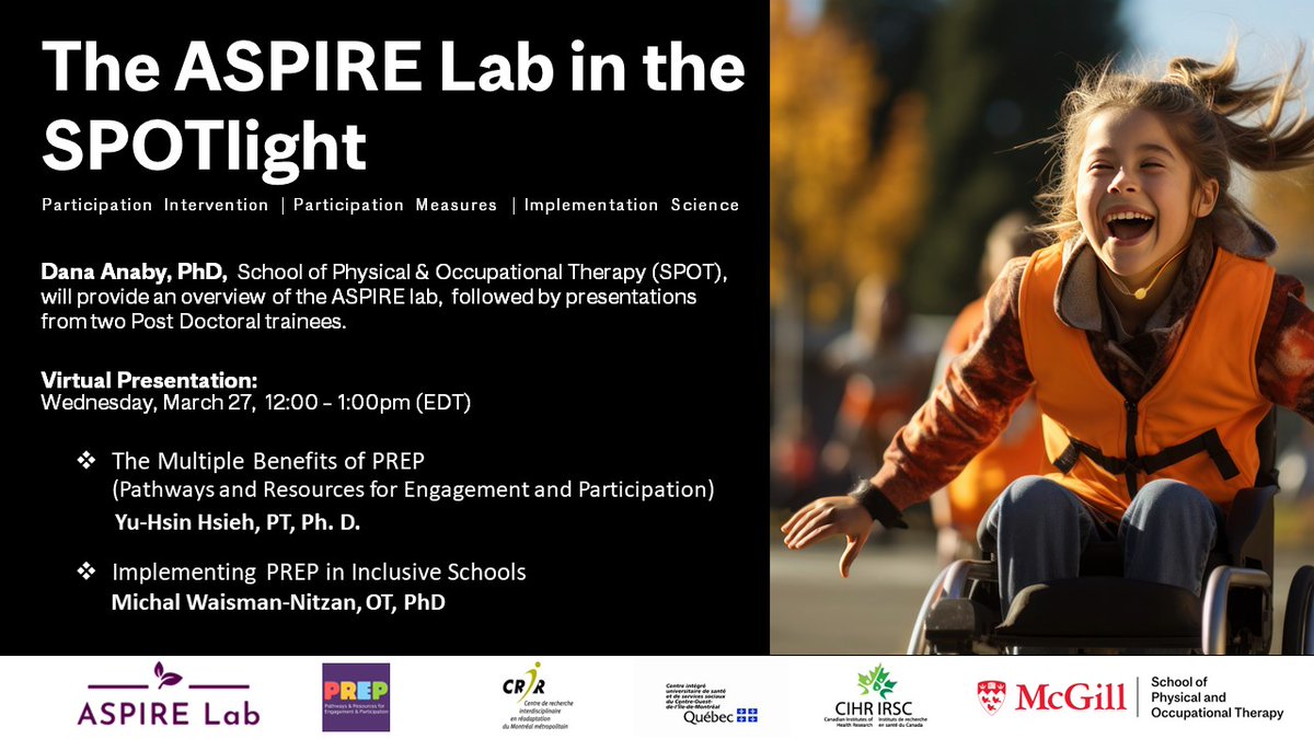 McGill Physical & Occupational Therapy (@mcgillrehab) on Twitter photo The <a href="/ASPIRE_Lab/">ASPIRE Lab</a> in the SPOTlight!
Learn about the lab’s research on meaningful participation and well-being among children, youth, and young adults with physical #disabilities in this one hour virtual session. March 27th, noon.
mcgill.ca/x/Utj The <a href="/ASPIRE_Lab/">ASPIRE Lab</a> in the SPOTlight!
Learn about the lab’s research on meaningful participation and well-being among children, youth, and young adults with physical #disabilities in this one hour virtual session. March 27th, noon.
mcgill.ca/x/Utj