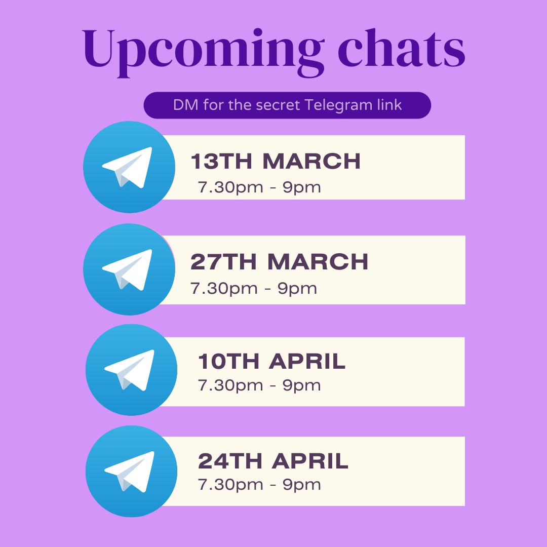 Here are the dates for our next chats. We'll share the telegram link each Wednesday shortly before the chat starts. Or you can DM us for the chat link. #SupportBiSurvivors