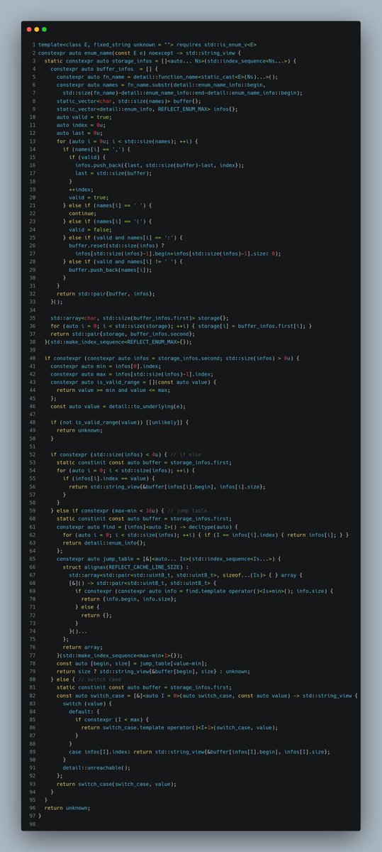 krisjusiak's tweet image. [#cpp20][performance] Optimized and with no bloat
- enum_to_name (generated at compile-time: if-else/jump-table/switch-case)
- name_to_enum (bmi2 with minimal perfect hash)
godbolt.org/z/5E8zqc3c5
github.com/boost-ext/refl…
github.com/boost-ext/mph