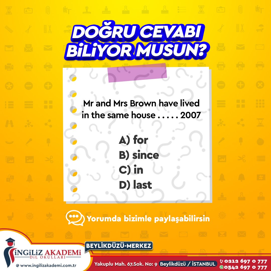 Doğru cevabı biliyorsan yorumda bizimle paylaşabilirsin.

#ingilizcesoru #ingilizcepratik #yenidilöğren #yabancıdilöğren #dünyayauzakkalma #ingilizce #yabancıdilkursu #yabancıdileğitimi #ingilizcekursu #ingilizceeğitimi #ingilizakademi #ingilizakademidilokulları