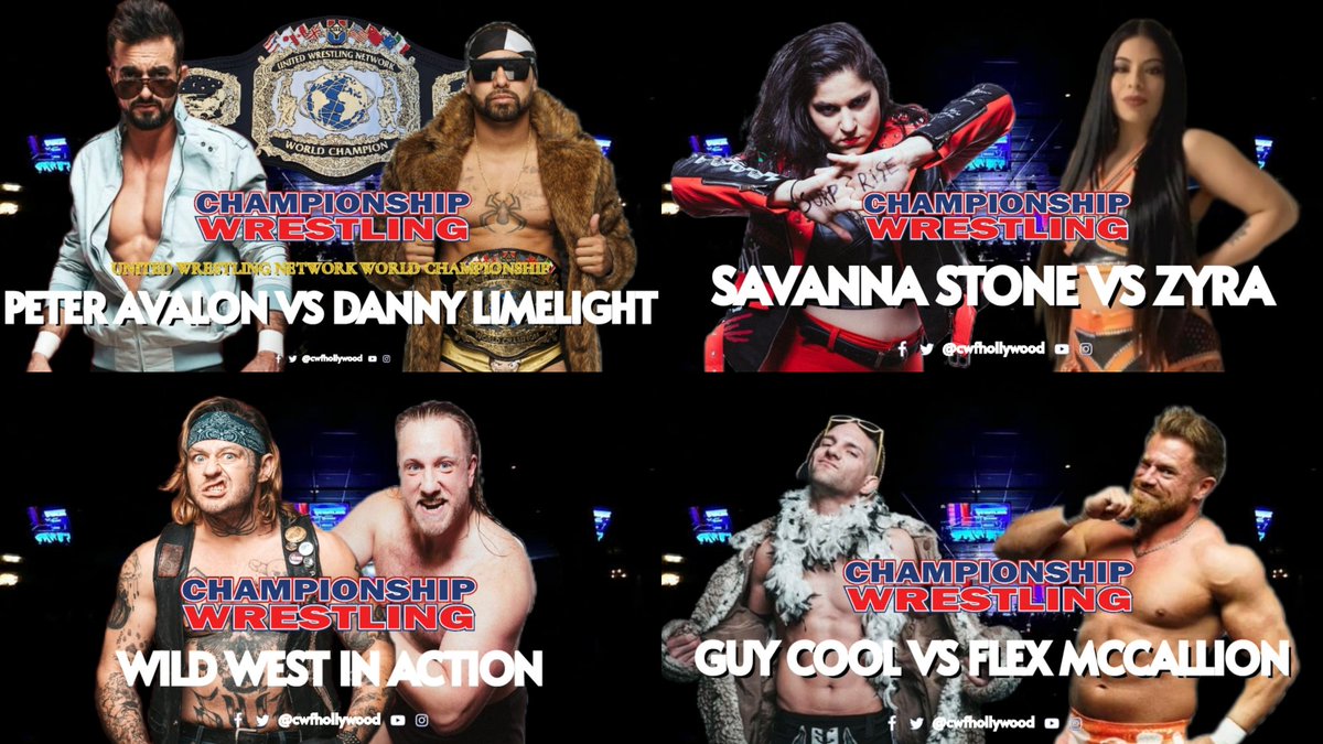 #ChampionshipWrestling Ep. 650 Line Up:
• UWN Title: Peter Avalon 🆚️ <a href="/DannyLimeLight/">Danny LimeLight 🇵🇷</a>
• <a href="/SavannaStone01/">💫 Unbreakable 💫 🇧🇬🇺🇸🇨🇦</a> 🆚️ <a href="/itszyra_/">THE TOXIC VIBE ZYRA 👁</a>
• <a href="/rob_shit1/">Rob Shit AKA Rob McKnight</a> &amp; <a href="/LeviShapiro/">Levi Shapiro</a> in action!
• <a href="/ThePartyCaptain/">Guy Cool</a> 🆚️ Flex McCallion

#UnitedWrestling