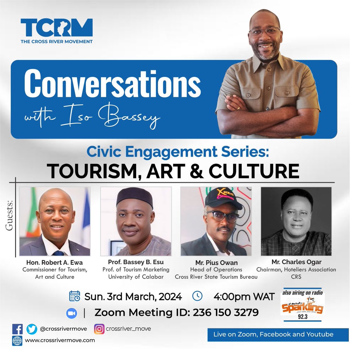 It's Today 💥💥👇🏽👇🏽

📅 *Let's Talk Tourism, Art and Culture in Cross River State.*

🔗 *Zoom Link:* 
us02web.zoom.us/j/2361503279
Meeting ID: 236 150 3279

You don't want to miss this
*Together, we can...*

#TCRM  #TheCrossriverMovement #GoodGovernance #CrossRiver