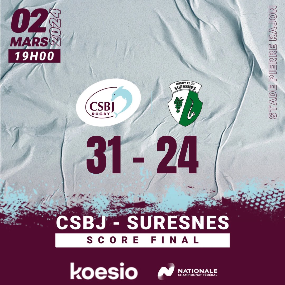 SCORE FINAL 🏉 CSBJ Rugby - SURESNES Le score final vous est présenté par Koesio Bourgoin-Jallieu. VICTOIIIIIIRE L’équipe gagne 31 à 24 lors de ce match. Avec un triplé de notre ailier Quentin Lefort Prochain match à la maison le 6 avril 2024 contre Nice ! #csbj #rugby #essai