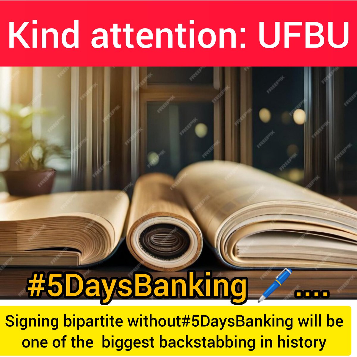 Signing Bipartite without #5DaysBanking will be one the biggest backstabbing in banking history. #5DaysBanking is non-negotiable. No joint note before declaration of date for 5-days week implementation. @PMOIndia @FinMinIndia @DFS_India @UFBUIndia @ChVenkatachalam @aiboc_in