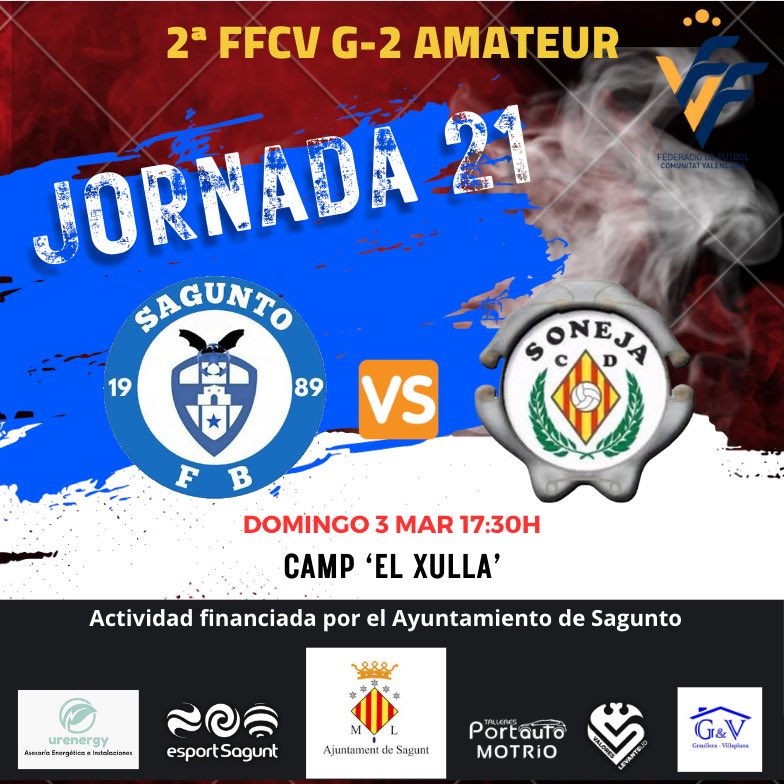 🚨💙 PARTIDO | 

🆚 <a href="/CD_Soneja/">C.D.Soneja</a> 
⏰17:30h
🏟️ El Xulla 

¡VAMOS SAGUNTO! 🛡️⚔️💙

#adnsaguntofb