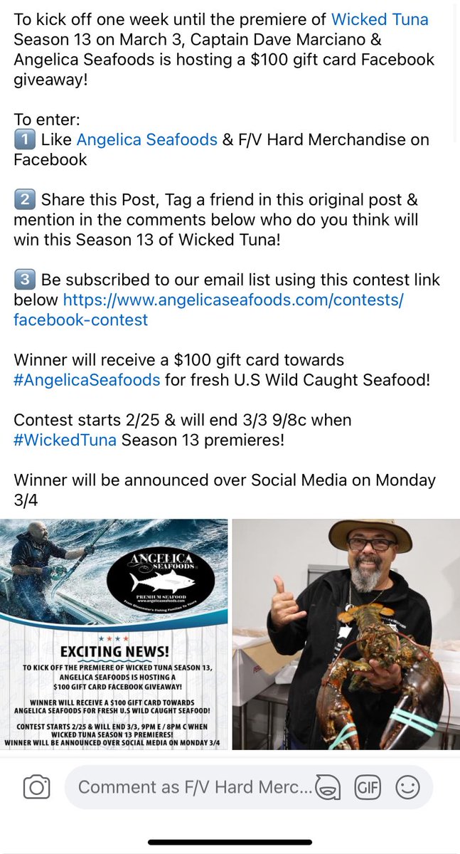 F/V Hard Merchandise (@fvhardmerch) on Twitter photo Tonight is the <a href="/WickedTuna/">Wicked Tuna</a> Season 13 premiere #AngelicaSeafoods is giving away a $100 dollar gift card for seafood on Facebook before the end of the premiere! Head over to our Hard Merchandise Facebook page to win!
Angelicaseafoods.com Tonight is the <a href="/WickedTuna/">Wicked Tuna</a> Season 13 premiere #AngelicaSeafoods is giving away a $100 dollar gift card for seafood on Facebook before the end of the premiere! Head over to our Hard Merchandise Facebook page to win!
Angelicaseafoods.com