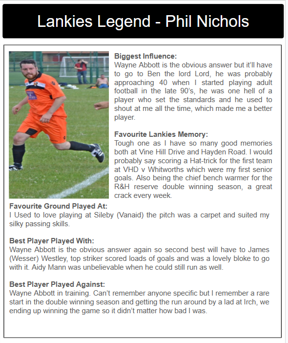 The final in the current series of Lankies Legend is Phil Nichols. 

If any ex players / staff etc wants to feature please get in contact.