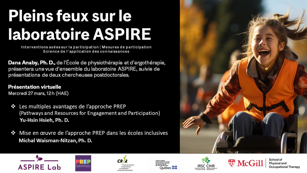 McGill Physical & Occupational Therapy (@mcgillrehab) on Twitter photo Pleins feux sur l' <a href="/ASPIRE_Lab/">ASPIRE Lab</a>
Venez découvrir les recherches qui se concentrent sur la participation significative & le bien-être des enfants, des adolescents & des jeunes adultes ayant une incapacité physique. Session virtuelle, le 27 mars, 12h.
mcgill.ca/x/UtC Pleins feux sur l' <a href="/ASPIRE_Lab/">ASPIRE Lab</a>
Venez découvrir les recherches qui se concentrent sur la participation significative & le bien-être des enfants, des adolescents & des jeunes adultes ayant une incapacité physique. Session virtuelle, le 27 mars, 12h.
mcgill.ca/x/UtC