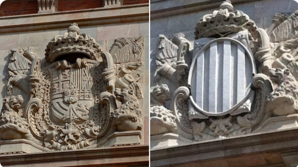 Brutalidad nacionalista catalana.
Así reescribe la historia el catalanismo. No, no es un escudo franquista, es el escudo de España de Felipe V instalado en 1716, hace 308 años, en el actual edificio del Parlamento de Cataluña. En un principio se instaló en la puerta de Socorros