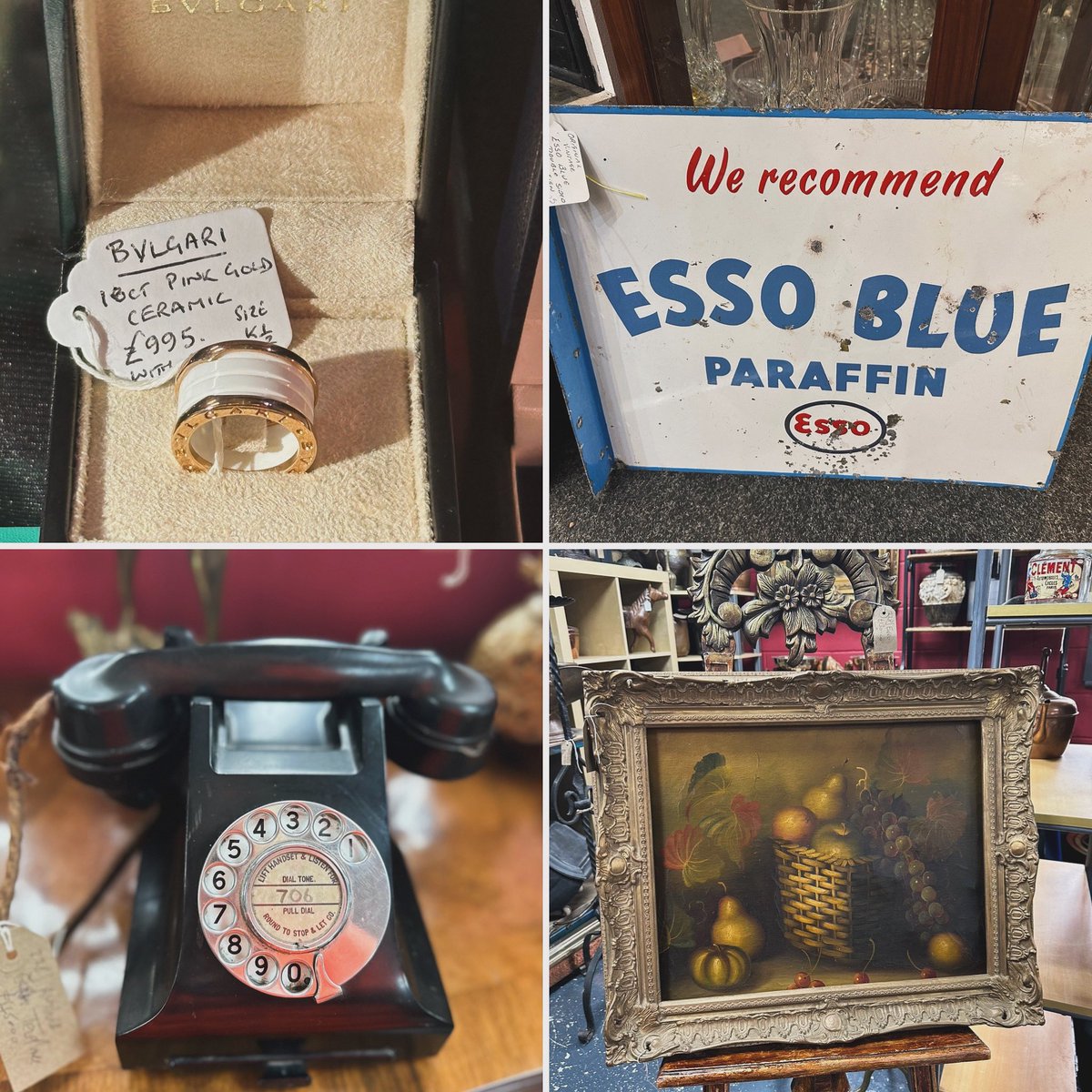 Good morning! The coffee is on in our #decodencecafe ready to open for 10am see you soon. 
Open 10-5pm 
#antiquescentre #astraantiquescentre #hemswell #lincolnshire #vintageadvertising #vintagetelephone #bulgariring #bulgarijewelry #esso #oilpainting #essooil