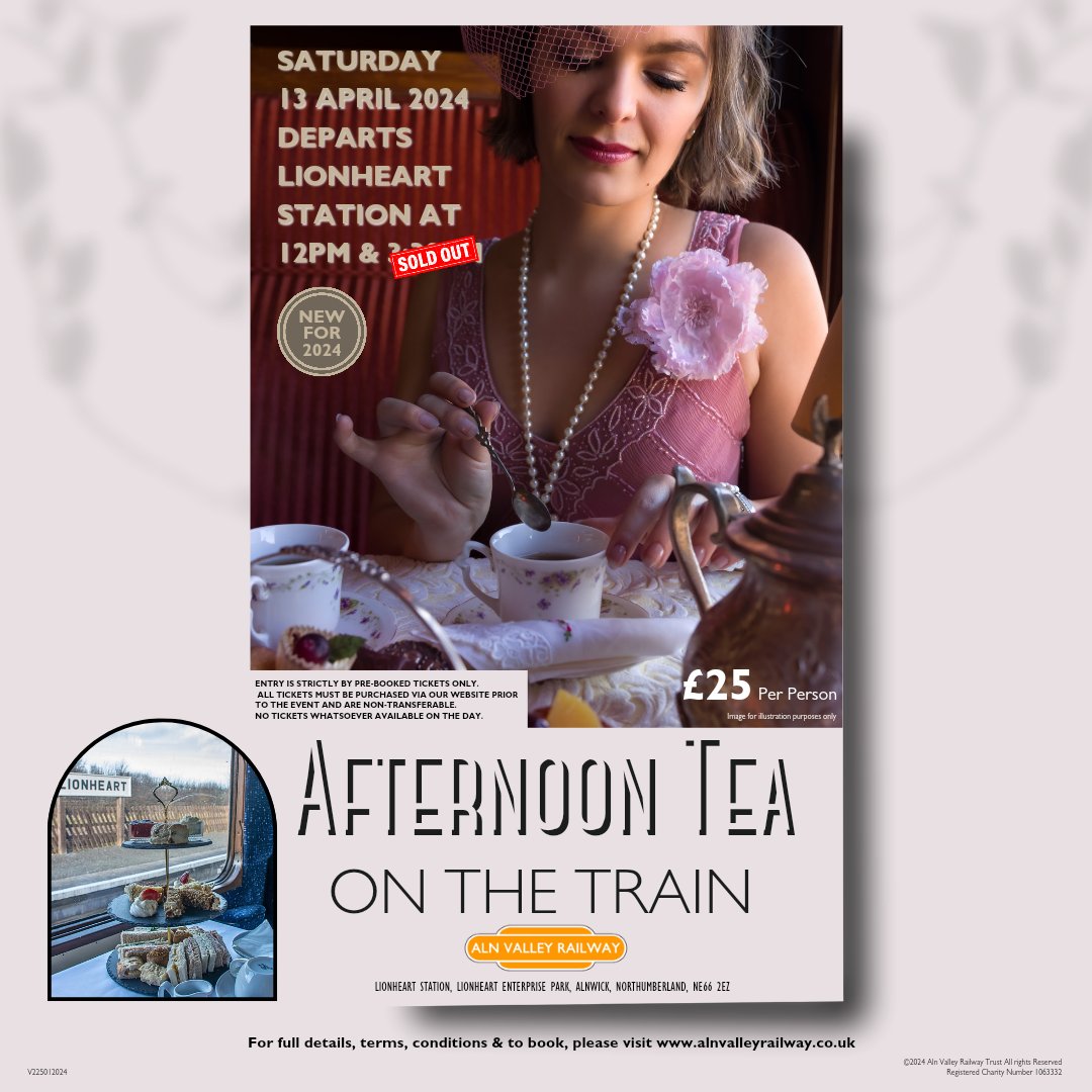 Have you booked a ticket on our Afternoon Tea Train yet? Seats are selling fast, our 𝟯:𝟯𝟬𝗣𝗠 train is now 𝗦𝗢𝗟𝗗 𝗢𝗨𝗧 and there are just 12 seats remaining on the 12:00pm train! Book now to avoid disappointment alnvalleyrailway.co.uk/afternoon-tea-… #alnwick #afternoontea #train