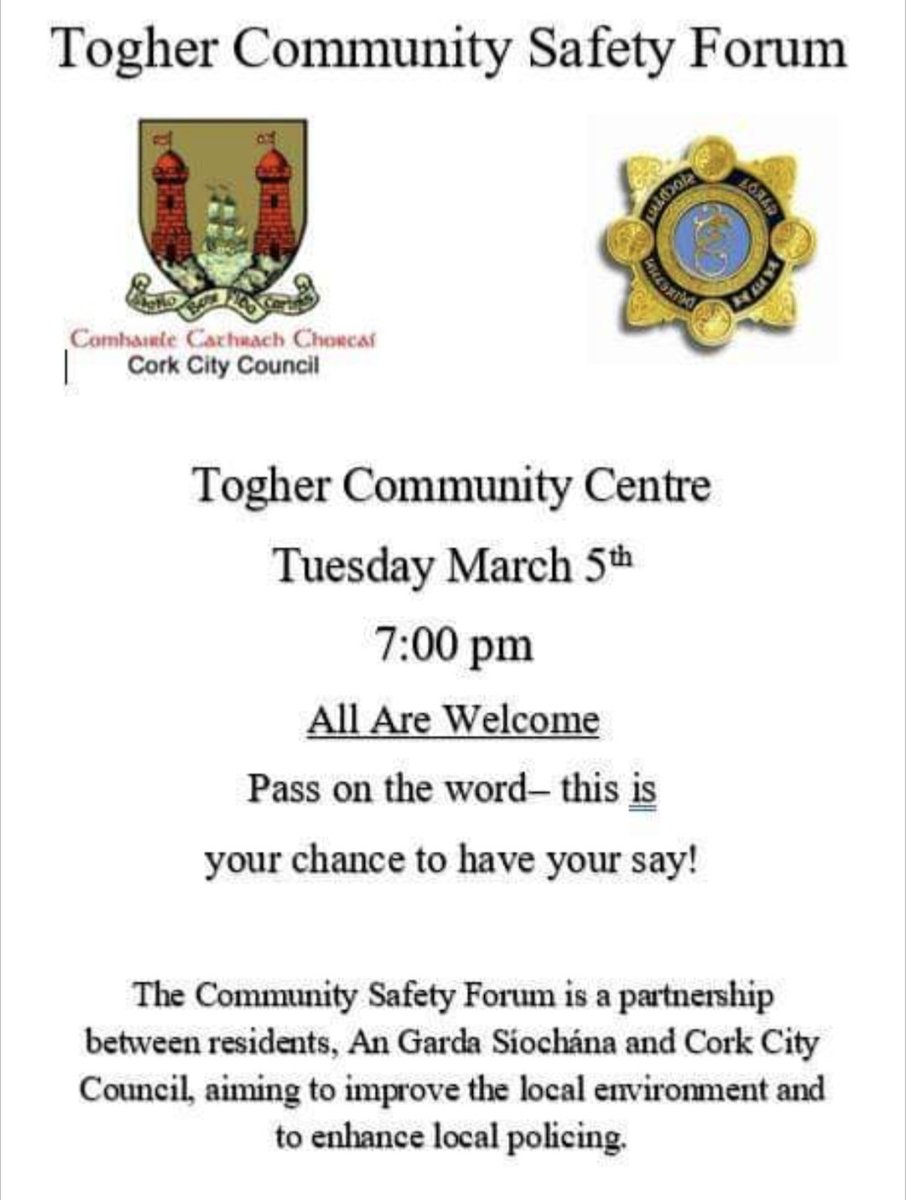 Please share with family members & friends not on social media. It's an opportunity for members of the public to speak with local policing and political representatives to discuss issues in our community. @ryanssupervalu @corkcitycouncil @DeerparkCBS @CorkSafetyAlert @gardainfo