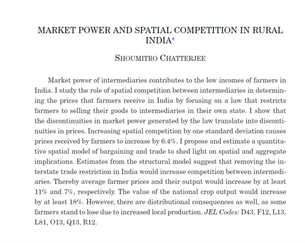 A fantastic paper in QJE about the extent to which interstate trade restrictions on agricultural produce in India stifle farmers' income. academic.oup.com/qje/article-ab…