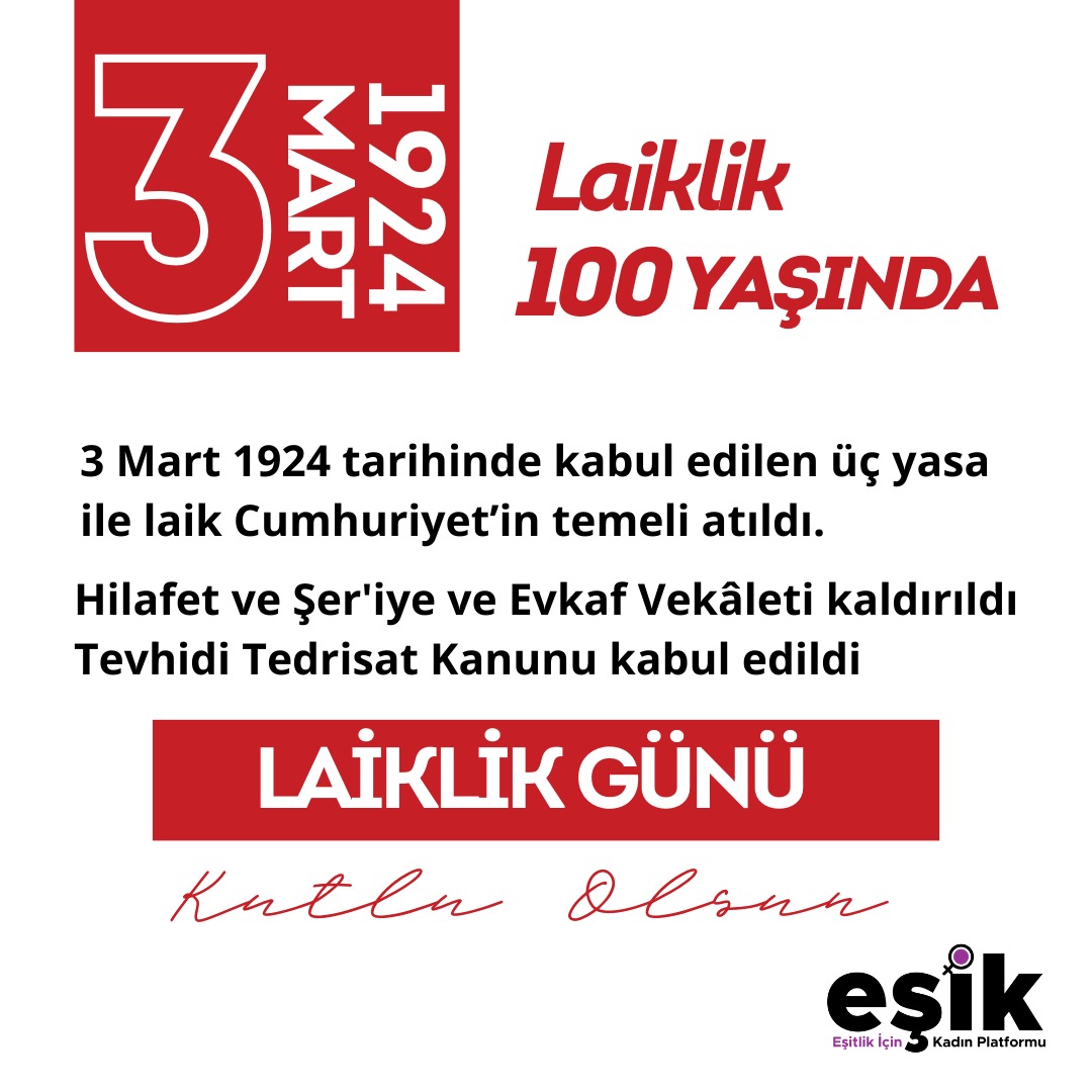 🔴 Laiklik 100 yaşında! 

#Laiklik ve eşit yurttaşlık ilkeleri #Cumhuriyet Devriminin temelidir. Tam 100 yüz yıl önce bugün hukuk devriminin laiklik ayağını somutlaştıran düzenlemeler yapıldı.

Laik, demokratik, sosyal bir hukuk devletinin yeniden ve daha kapsayıcı şekilde