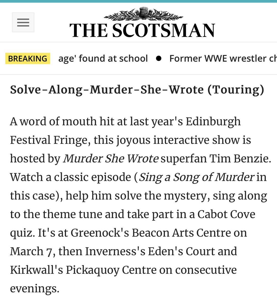 solvealongamurdershewrote (@solvealonga) on Twitter photo Omg we’re in @the.scotsman! We’re one of five “must-see shows” in March in #Scotland! See you soon <a href="/thebeaconarts/">Beacon Arts Centre</a> @edencourttheatrecinema <a href="/pickyorkney/">The Pickaquoy Centre</a>! #solvealongamurdershewrote #solvealonga #murdershewrote #jbfletcher #jessicafletcher #fangelas Omg we’re in @the.scotsman! We’re one of five “must-see shows” in March in #Scotland! See you soon <a href="/thebeaconarts/">Beacon Arts Centre</a> @edencourttheatrecinema <a href="/pickyorkney/">The Pickaquoy Centre</a>! #solvealongamurdershewrote #solvealonga #murdershewrote #jbfletcher #jessicafletcher #fangelas