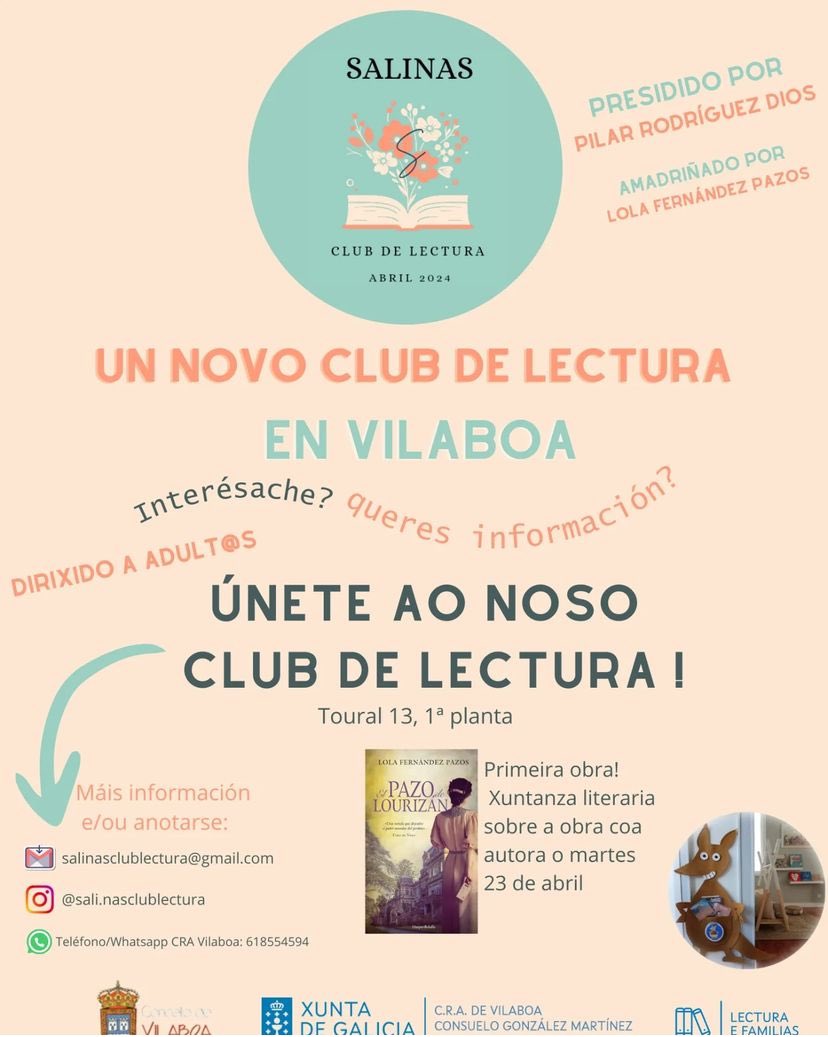 pazolourizan's tweet photo. Nuevo Club de Lectura en #Vilaboa (#Pontevedra). Es un honor ser la madrina del Salinas Club de Lectura y participar el próximo #23deabril #DíadelLibro con todos los que me querais acompañar en esta historia  de #Lourizán, #Marín y #Pontevedra. Os espero con muchísima ilusión. https://t.co/svDSdbrWN3