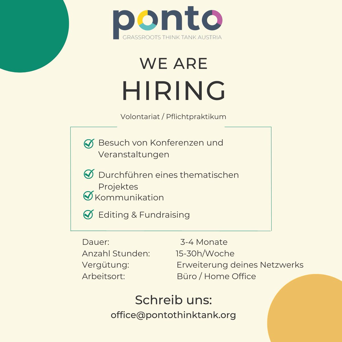 Wir brauchen dich! Bewirb dich und werde Teil unseres Teams. 👉 office@pontothinktank.org