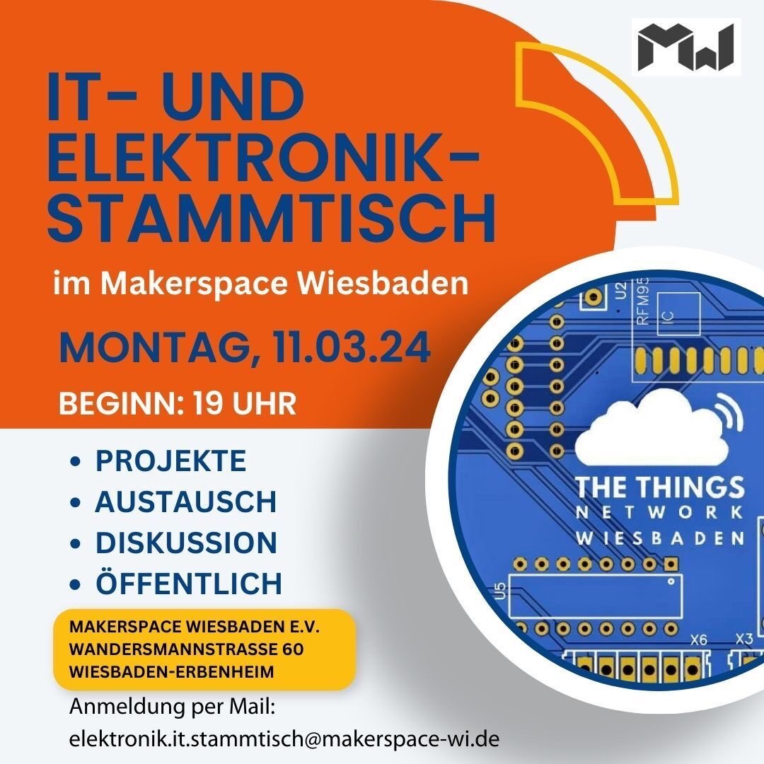 Am 11.3. Ist der nächste IT- und Elektronik-Stammtisch.
Diesmal ohne Vorträge sondern mit einem offen Austausch 

#wiesbaden #makerspace #Stammtisch #iot #lorawan #solar #pv #maker #smarthome