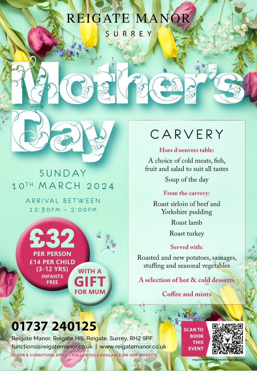 Reigate Manor (@reigatemanor) on Twitter photo We are just a week away from Mother’s Day. Tables are still available for our 3-course Carvery. Beef, Lamb & Turkey available along with a vegetarian alternative.
Booking available on our website or by calling the hotel - 01737 240125
🏨🍽️🍷 We are just a week away from Mother’s Day. Tables are still available for our 3-course Carvery. Beef, Lamb & Turkey available along with a vegetarian alternative.
Booking available on our website or by calling the hotel - 01737 240125
🏨🍽️🍷