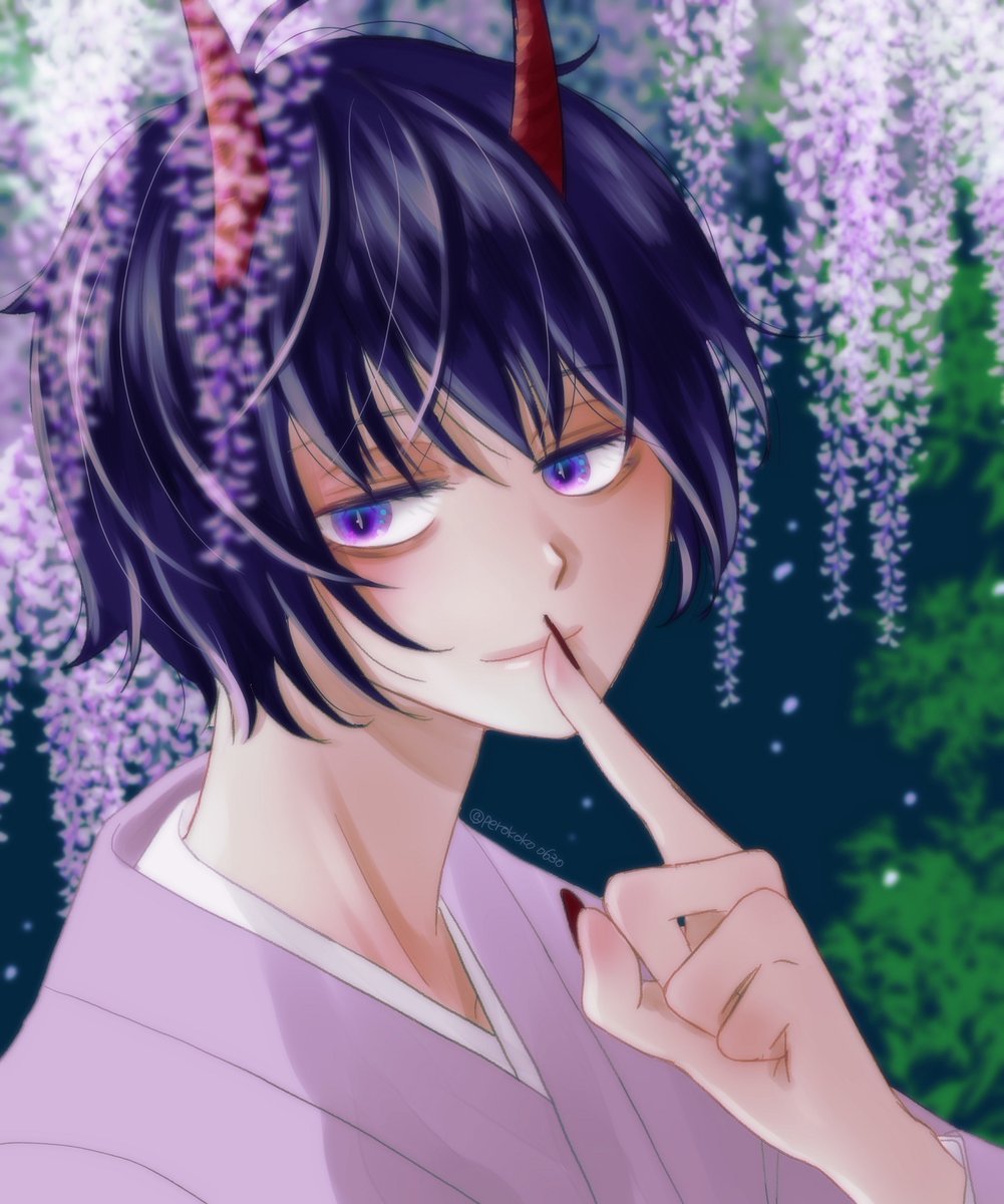 1boy male focus horns red eyes solo pointy ears japanese clothes  illustration images