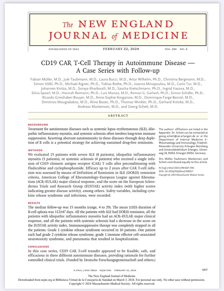 arevalocanas_co's tweet photo. El mes pasado se publicó este artículo en el NEJM 📖 sobre la terapia con células CAR-T 🧫 en enfermedades autoinmunes. Aquí un pequeño resumen 

Abro 🧵 https://t.co/ZECCx2U3SL