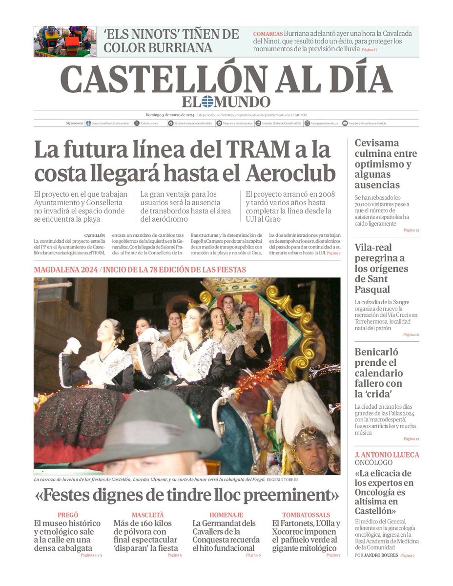 Hoy domingo 3 en las #portadasdeCastellón, #Magdalena2024 #Pregó #Tram <a href="/aeroclubcs/">Aeroclub Castellon</a> #MorosdAlqueria #grafiti #tribunales <a href="/GCavallersC/">Cavallers Conquesta</a> <a href="/cdcastellon/">CD Castellón</a> <a href="/VillarrealCF/">Villarreal CF</a> <a href="/GVAdepsalutcs/">GVASalutCastelló</a> #Oncología <a href="/Cevisama/">Cevisama</a> <a href="/jlf_benicarlo/">JLF Benicarlo</a> <a href="/JLFBurriana/">Junta Local Fallera</a> <a href="/ajvila/">Ajuntament de Vila-real</a> y más