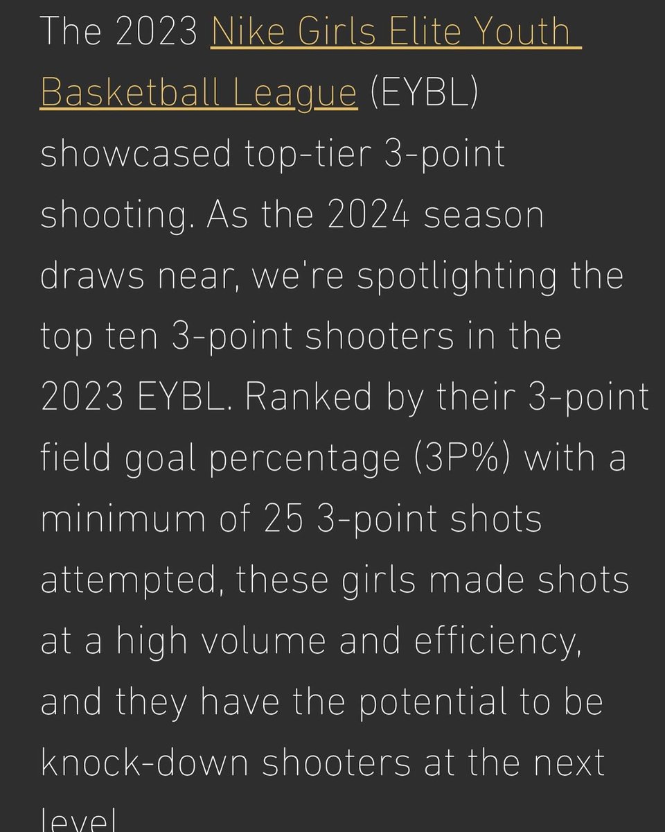 BrooklynnHaywo1's tweet photo. DID YOU KNOW……
As a freshman Brooklynn ranked 5th in @NikeGirlsEYBL for 3pt %? 
50 3’s scored in 17 games with a 45.3%. Read ⬇️ #basketball #grind #dosomething #noexcuses https://t.co/1nNmncWKm3