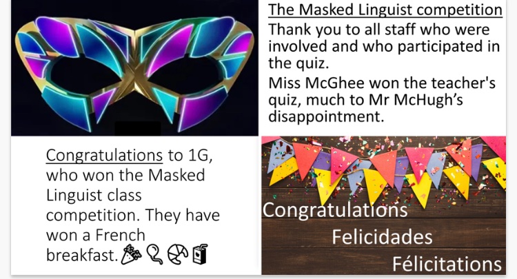OLHSModLangs's tweet image. The Masked Linguist Competition 🏴󠁧󠁢󠁳󠁣󠁴󠁿🇫🇷🇪🇸🇩🇪🇮🇹🇮🇪🇹🇷!
Well done to OLHS teachers and Language ambassadors for getting involved in our Masked Linguists competition. Pupils and staff enjoyed guessing the name of the teacher and the language spoken! @olhsmwell